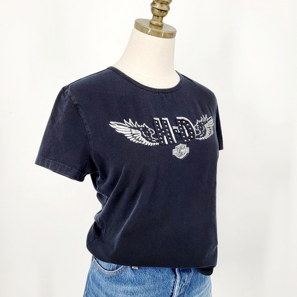 Harley-Davidson Tops - Harley Davidson Baby Tee Short Sleeve Angel Wings Studded Black Large